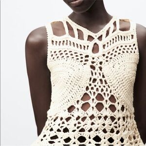 Zara open work crochet knit top cream LArge New w Tags